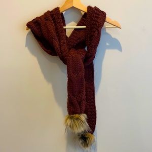 Topshop cable knitted burgundy scarf with Pom Pom detail